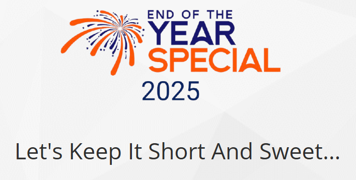 Promotional banner for the "End of the Year Special 2025" featuring fireworks and the phrase "Let's Keep It Short And Sweet...".