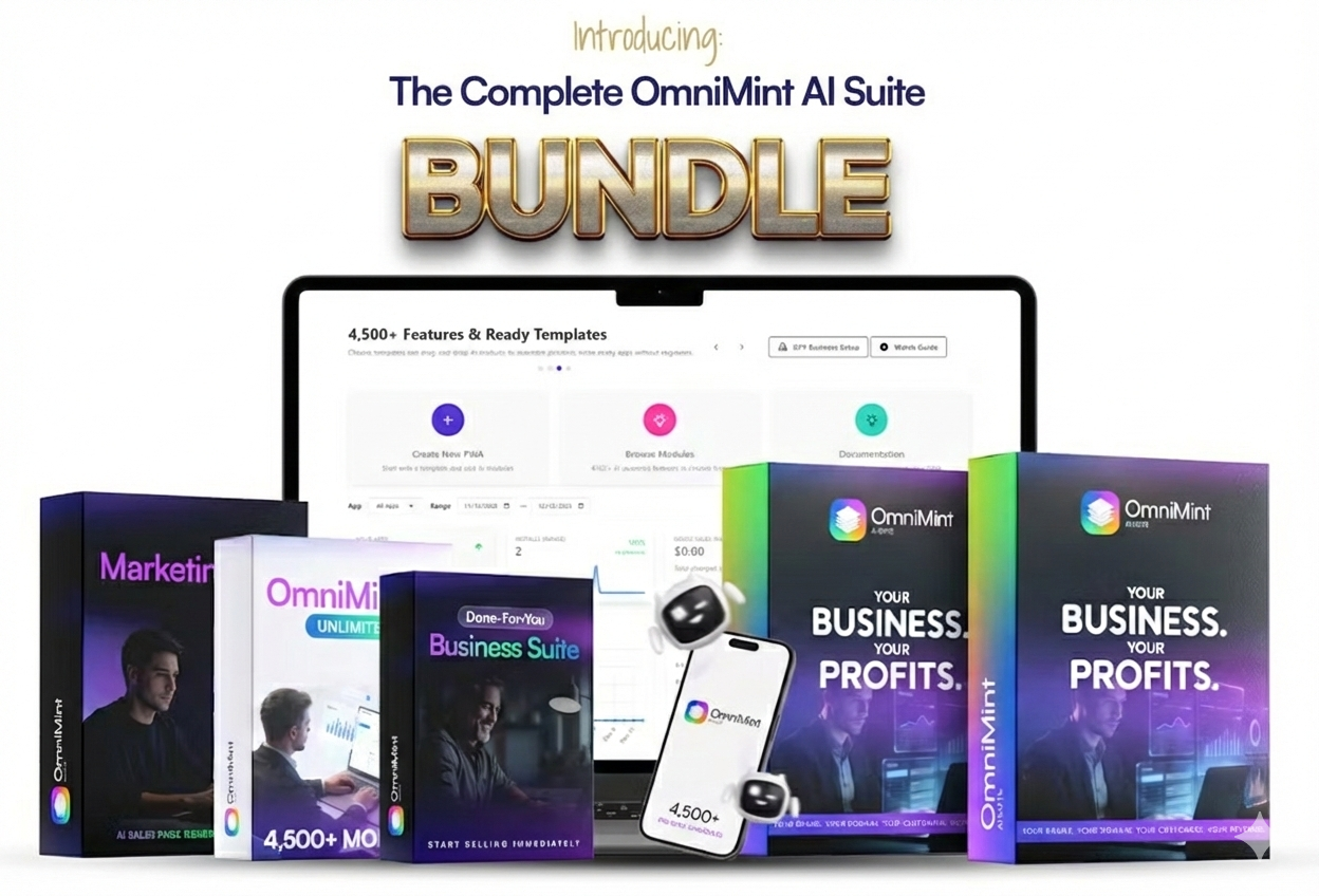 promotional graphic for "The Complete OmniMint AI Suite BUNDLE" on a clean white background. It features a laptop displaying a software interface, a smartphone with a chat app, a small robot character, and several product boxes for different AI tools like "Marketing", "OmniMint Unlimited", and "Done-For-You Business Suite".