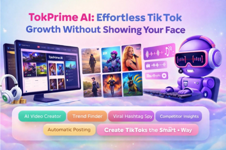 TokPrime AI dashboard showing AI-powered TikTok video creation, trend analysis, hashtag research, and automated posting without showing face.