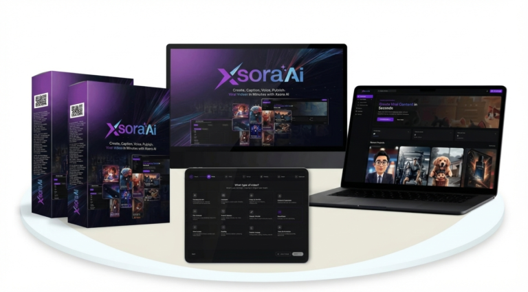 A promotional product mockup for "XsoraAi" software on a white circular base against a plain white background. It includes two purple software boxes, a large desktop monitor, a laptop, and a tablet, all displaying the XsoraAi video creation interface with the tagline "Create, Caption, Voice, Publish - Viral Videos in Minutes".