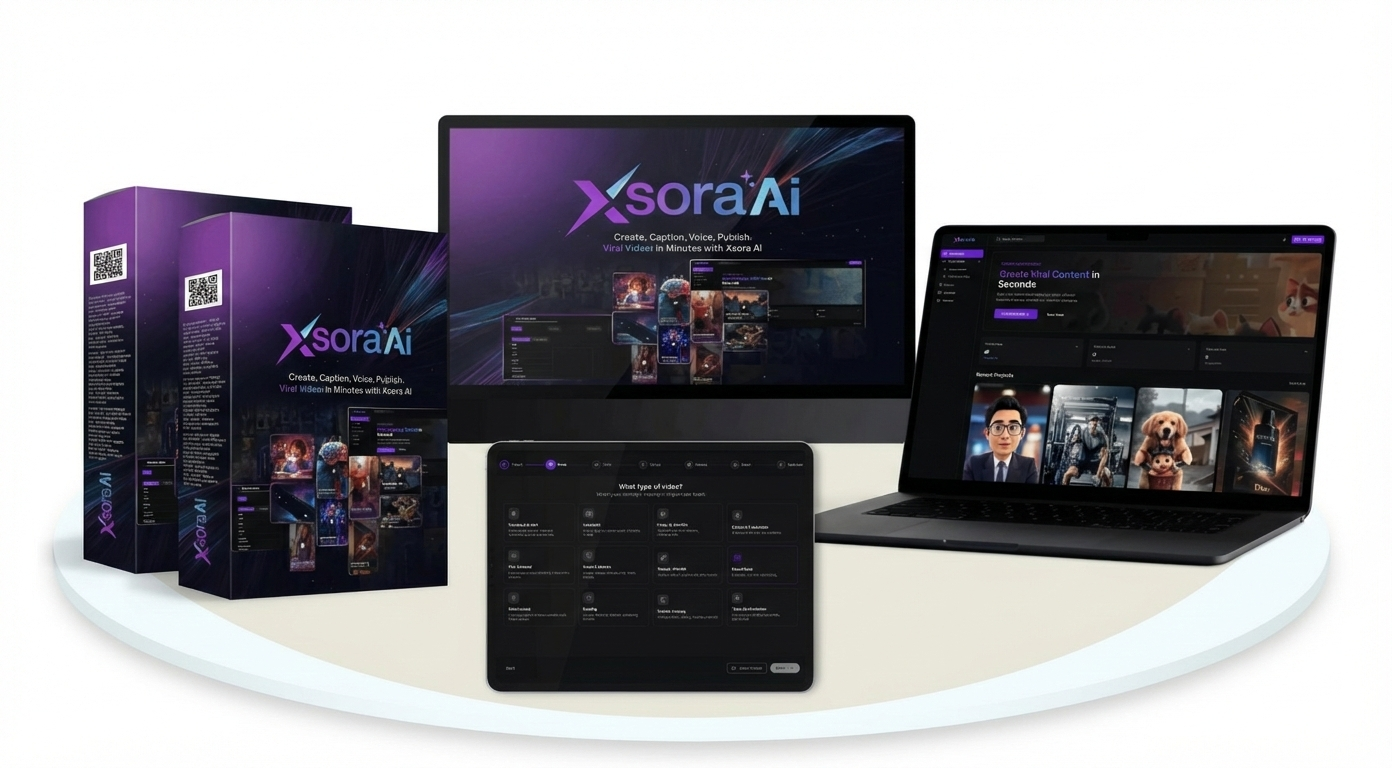 A promotional product mockup for "XsoraAi" software on a white circular base against a plain white background. It includes two purple software boxes, a large desktop monitor, a laptop, and a tablet, all displaying the XsoraAi video creation interface with the tagline "Create, Caption, Voice, Publish - Viral Videos in Minutes".