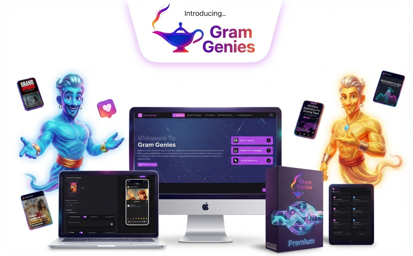 A clean promotional graphic for "Gram Genies" on a bright white background. The image features a blue genie and a gold genie flanking a central desktop monitor, laptop, tablet, and smartphones displaying the software interface, alongside a "Gram Genies Premium" product box.