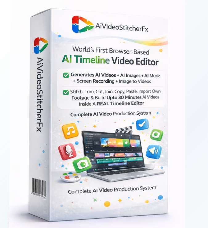 A 3D software box mockup for AiVideoStitcherFx, a browser-based AI timeline video editor. The box is white with colorful icons and text highlighting features like AI video generation, image creation, and a real timeline editor for videos up to 30 minutes long.